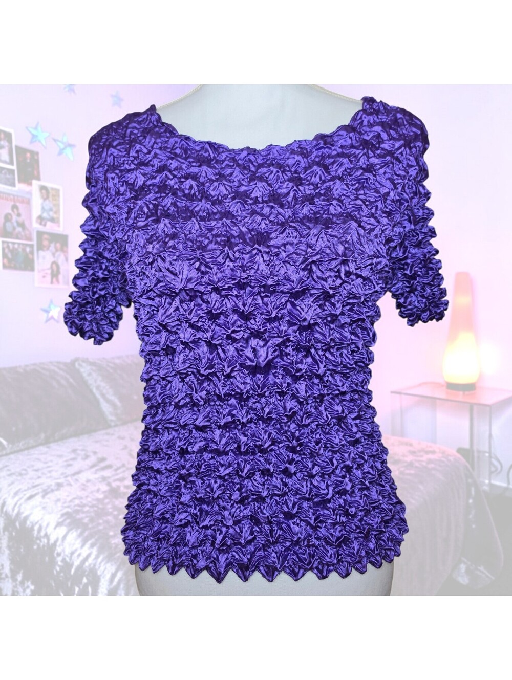 Premier One Size Crinkle Top Purple Popcorn Stretch Y2K 90s Short Sleeve Preppy